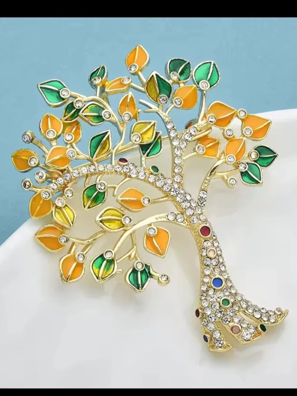 Gold Tree of Life Green Yellow Enamel Leaves Brooch